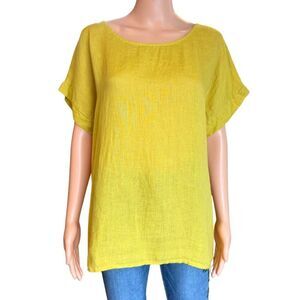 Terzo Millennio Yellow 100% Linen Boho Tunic Top Large Italy Natural Fiber